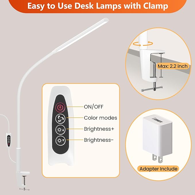 Desk Lamp with Clamp, Stepless Dimming Desk Lamps for Home Office Adjustable Desk Light Eye Caring Desk Lamp Office Lamp with USB Adapter for Working Drawing Sewing (White)