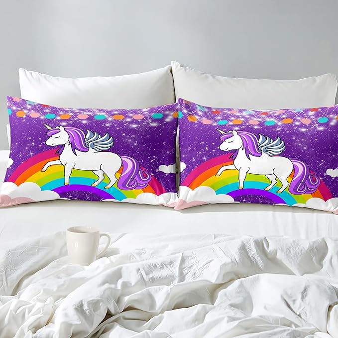 Girls Unicorn Comforter Sets Queen Comforter Set for Girls Unicorn Bedding Sets Queen Cartoon Unicorn Print Comforter Sets Girls Bedding Room Decor, Purple, 1 Comforter+2 Pillowcases
