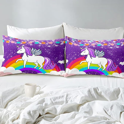 Girls Unicorn Comforter Sets Queen Comforter Set for Girls Unicorn Bedding Sets Queen Cartoon Unicorn Print Comforter Sets Girls Bedding Room Decor, Purple, 1 Comforter+2 Pillowcases