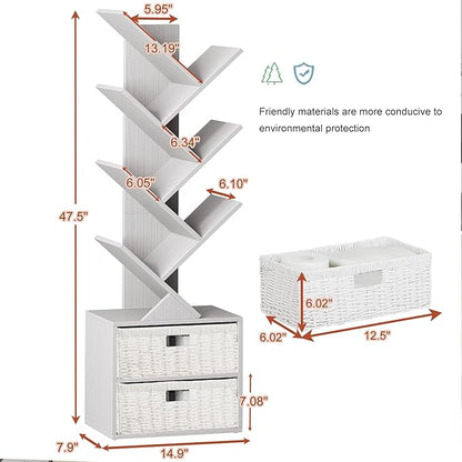 Vagusicc 6 Tier Tree Bookshelf, Modern Floor Standing Bookcase with Storage Drawer, Space Saving Storage Organizer Book Shelves for Books, Tall Wood Storage Rack for Bedroom/Living Room/Home Office