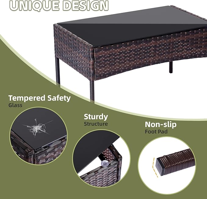 Patio Furniture Set 4 Pieces Conversation Sets Outdoor Wicker Rattan Chairs Garden Backyard Balcony Porch Poolside Loveseat with Soft Cushion and Tempered Glass Table(Brown/Red)