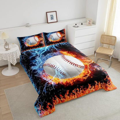 Baseball Comforter Set Full Size Sports Theme Down Comforter Kids Teens Boys Fire and Ice Sports Baseball Quilted Duvet,Decoration 3 Pcs Bedding Comforters (1 Comforter Set +2 Pillowcases) Red Blue