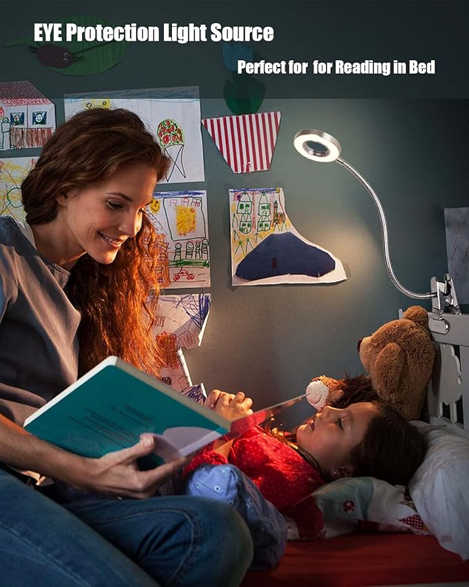 LED Reading Light, Dimmable Clamp Light for Bed Headboard, Bedroom, Office, 3 Modes & 9 Dimming Levels, Flexible Clip Desk Lamp, Adapter Included (Mattesilver)