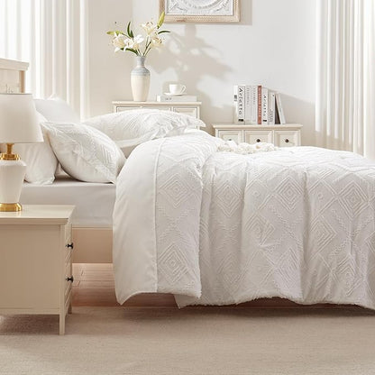 EMME King Comforter Set - 7 Pcs White Boho Comforter Set, Tufted King Size Bedding Sets with Sheets, Shabby Chic Embroidery Bed Set Fluffy Bed Bag for All Season(102"X90")