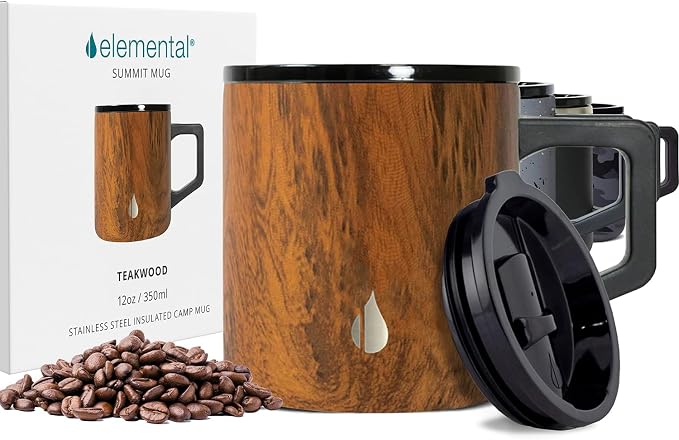 Elemental Insulated Coffee Mug - Triple-Wall Stainless Steel Summit Travel Cup for Hot and Cold Drinks - Thermal Coffee Mug with Lid and Handle for Camping, Office & Travel 12oz - Teakwood