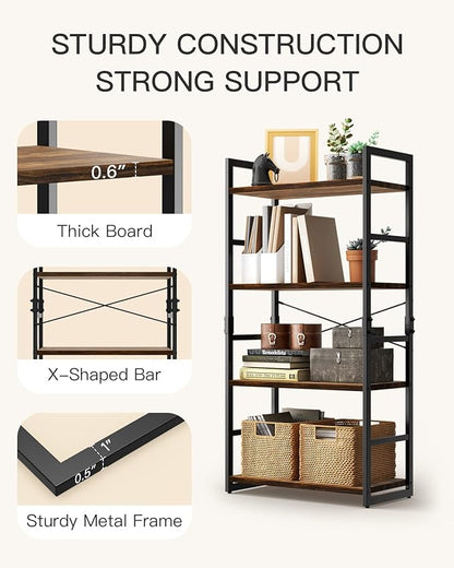 Pipishell Bookshelf, 4-Tier Bookcase, Storage Bookshelves, Tall Bookcase Shelf Storage Organizer, Book Shelf with Steel Frame, Vintage Standing Shelf for Home Office, Living Room, Bedroom, Kitchen