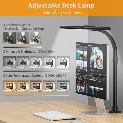 LED Desk Lamp for Home Office - 24W Bright Double Head Desk Light with Clamp Eye Caring Architect Task light 25 Lighting Modes Adjustable Flexible Gooseneck Lamp for Workbench Drafting Study