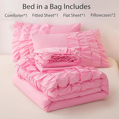 Pink Comforter Set Twin, 5-Piece Bed in a Bag Twin for Teen Girls, Pink Ruffle Bedding Set for Girls Kids, Teen Girls Bedding Sets,Princess Dress Comforter for All Season