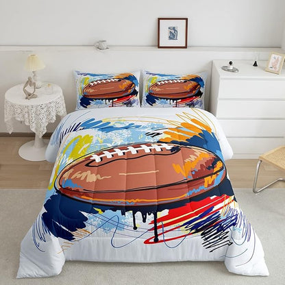 Boys Football Comforter Set Queen Kids Teen Sports Bedding Set Bedroom Decor,Watercolor Tie Dye Hand Drawn Graffiti Football Bedding Comforter Sets Rugby Quilt Duvet 2 Pillow Cases Colorful Brown