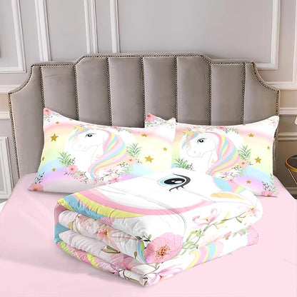 Kids Comforter Bedding Set 3 Piece Super Soft Breathable Print Kids Bedding Sets for Girls, Machine Washable Durable Comforter Set with Comforter, 2 Pillowcases Flowers Stars (Twin,Unicorn)
