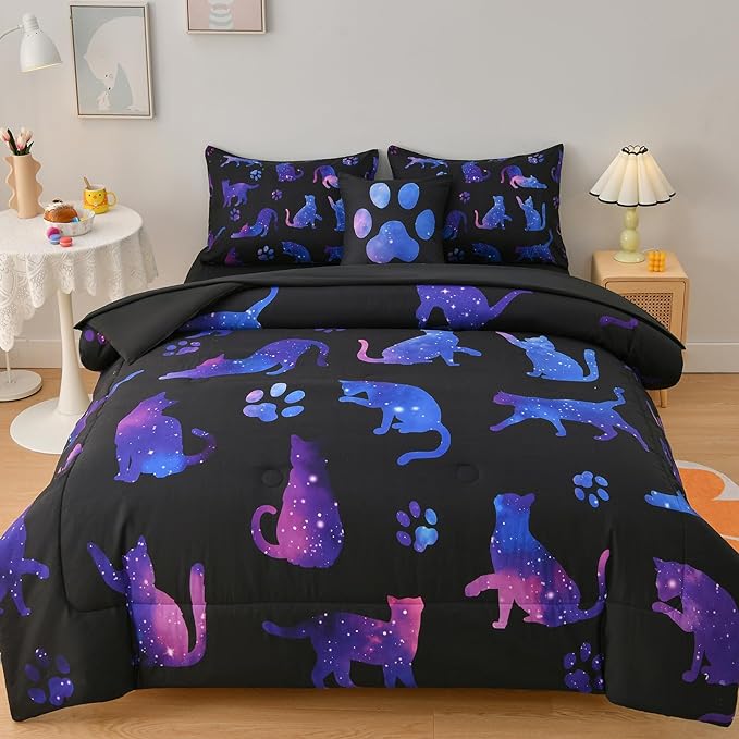 DORCAS Full Size Comforter Sets with Sheets for Girls Kids Cute Cat Full Size Bedding Sets 6 Pieces Bed-in-A-Bag for Girls Teens Kids