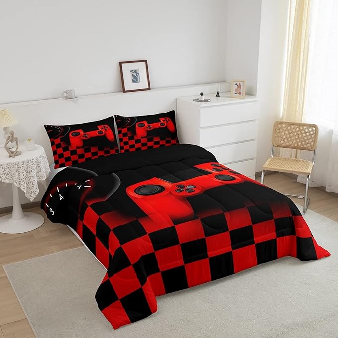 Gamer Comforter Set for Boys Teen Gaming Bedding Set Video Game Controller Home Decor for Men Child Buffalo Plaid Check Down Comforter Full Size 3 Pcs Duvet Set with 2 Pillow Shams,Black Red Geometric