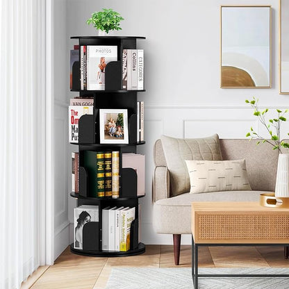 4 Tier Rotating Bookshelf kids, Small Corner Bookshelf for Small Space, 360 Display Floor Standing Bookcase Storage Rack, Wood Narrow Book Shelf Organizer for Home Office,Bedroom, Living Room