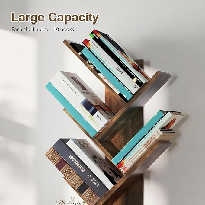 Ochine Tree Bookshelf, 5 Tier Small Bookcase with Large Drawer, Tall Wood Narrow Bookshelves Organizer for CDs/Movies/Books, Floor Standing Book Shelf for Bedroom, Living Room, Home Office