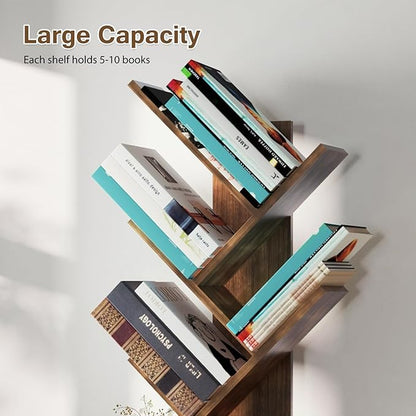 Ochine Tree Bookshelf, 5 Tier Small Bookcase with Large Drawer, Tall Wood Narrow Bookshelves Organizer for CDs/Movies/Books, Floor Standing Book Shelf for Bedroom, Living Room, Home Office