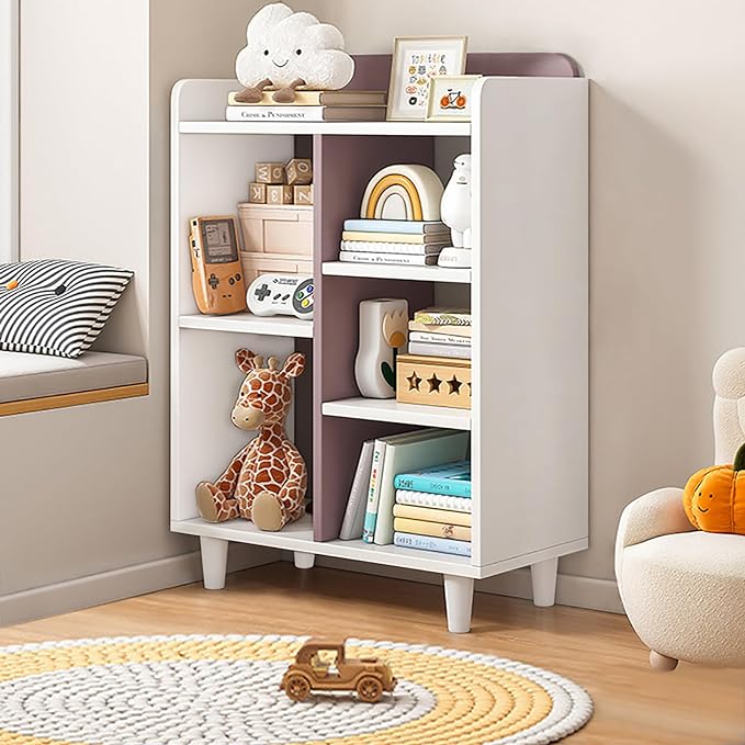 Wooden Cube Bookcase with Legs - 3-Tier Open Shelf Kidsroom Sorted Storage Cabinet Organizer for Books and Toys, 5-Cube Lattice Cute Cubby Bookshelf in White Mixed Mocha Brown, 24" W