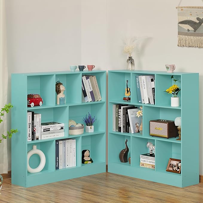 LEYAOYAO 8 Cube Bookshelf with Base,3 Tier Modern Mint-Green Kids Bookcase,Standing Wide Bookshelves Storage Organizer Toy Shelf,Wood Display Children's Book Shelves for Bedroom,Living Room,Nursery
