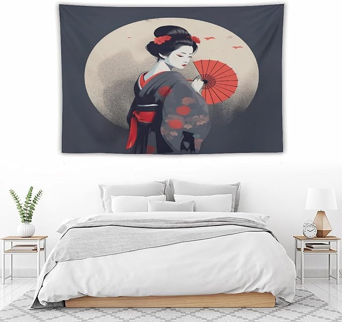 Japanese Woman Geisha Tapestry Asian Red Cherry Blossom Red Sun Traditional Kimono Folk Tapestries Home Decor for Living Room Bedroom Apartment Farmhouse Dorm 90"x60"