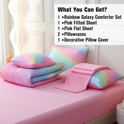 JQinHome Glitter Bedding Set Queen Size,6 Piece Bed in A Bag 3D Colorful Rainbow Galaxy Comforter Set for Girls Kids-All Season Microfiber Tie-Dye Bedding Sets(Rainbow)