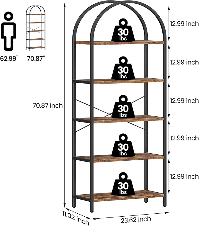 IDEALHOUSE Bookshelf 5 Tier Bookcase Arched Display Racks Tall Standing Bookshelves Metal Frame Rustic Storage Rack Shelf Brown Book Shelf for Bedroom, Living Room, Home Office, Rustic Brown