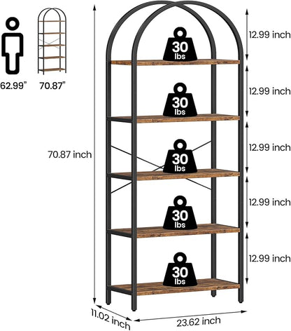 IDEALHOUSE Bookshelf 5 Tier Bookcase Arched Display Racks Tall Standing Bookshelves Metal Frame Rustic Storage Rack Shelf Brown Book Shelf for Bedroom, Living Room, Home Office, Rustic Brown
