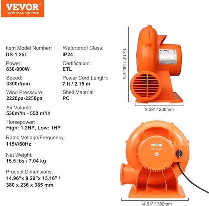 VEVOR Inflatable Blower, 900W, 1 HP & 1.2 HP Bounce House Blower, Commercial-grade Air Blower for Inflatables, 3300 RPM, Bouncy Castle Electric Blower Perfect for Bounce House, Waterslides, ETL Listed