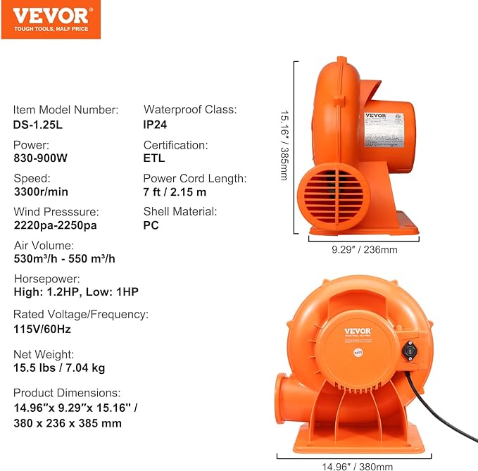 VEVOR Air Blower, 2-Speed Inflatable Blower, 1HP and 1.2HP, Portable and Powerful Bounce House Blower, Commercial Bouncy Castle Electric Blower, Used for Inflatable Bouncy Castle and Jump Slides
