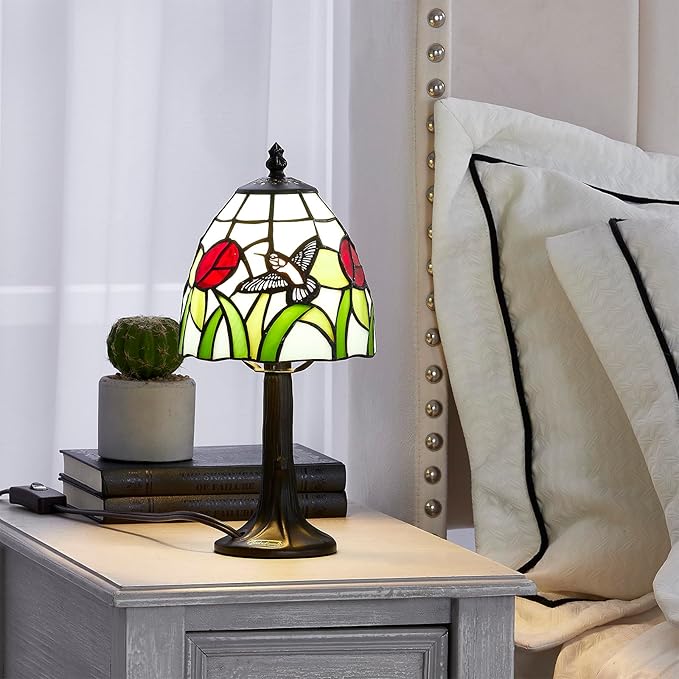 Tiffany Style mini table Lamp-Stained Glass Hummingbird with Tulip Design Table or Desk Light LED Bulb Included-Vintage Look Colorful Accent Decor