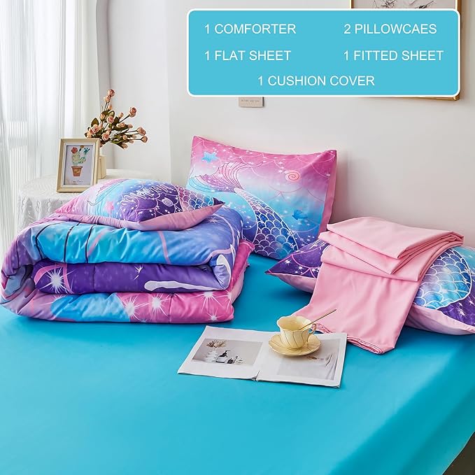URBONUR Full Size Comforter Set for Girls Purple Blue Mermaid Tail Fish Scales Girls Bedding Set 6 Pcs Bed Sets with Comforter and Sheet Set, Soft All Season Bed in a Bag