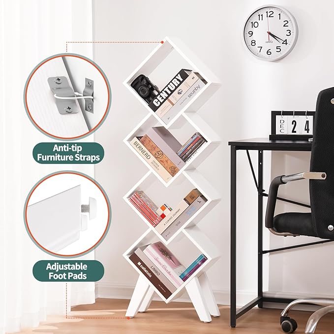 Yoobure White Bookshelf, Wood Small Bookcase 4-Tier Book Shelf, Tall Bookcases Book Organizer, Modern Bookshelves Floor Standing for CDs/Books in Small Spaces, Living Room, Home Office, Bedroom