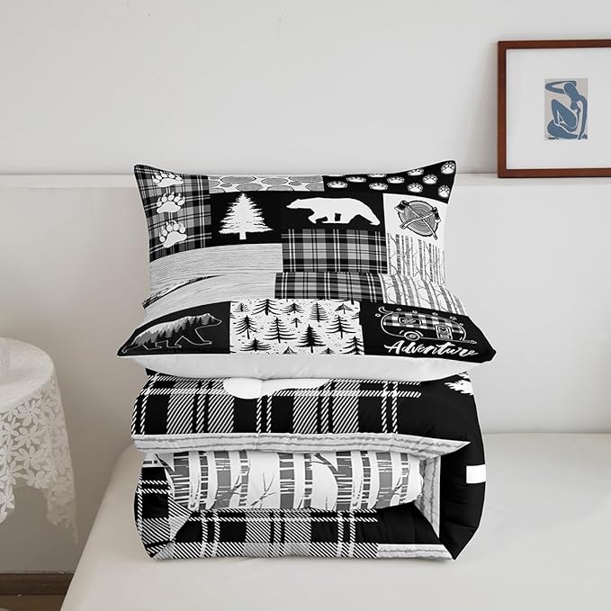 Bear Plaids Comforter Set King Size,Pine Trees Animals Hunting Bedding Set for Kids Boys Girls Adults Room Decor,Adventure Rustic Farmhouse Down Comforter,Black Retro Duvet Insert,2 Pillowcases