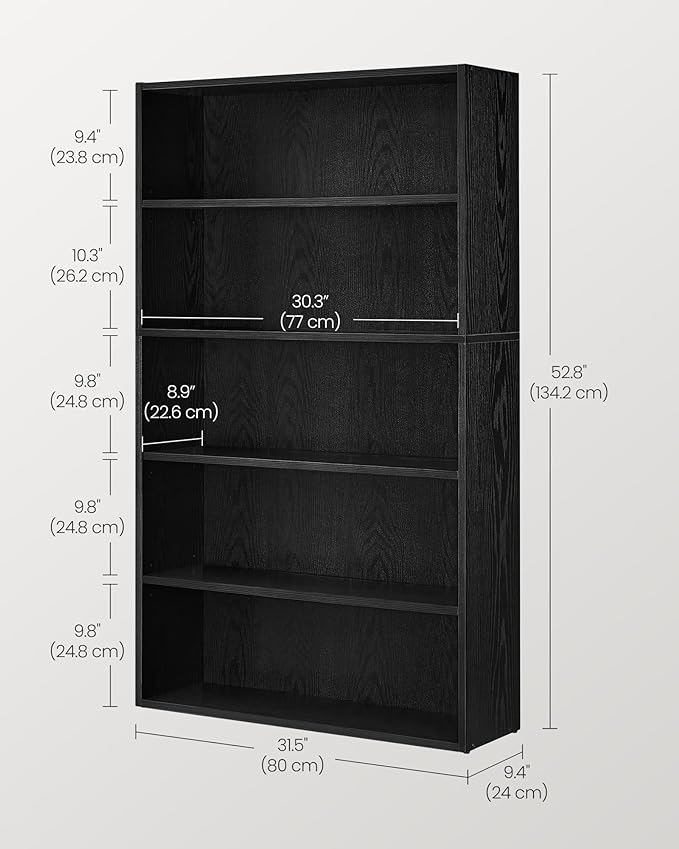 VASAGLE Bookshelf, 31.5 Inches Wide, 5-Tier Open Bookcase with Adjustable Storage Shelves, Floor Standing Unit, Ebony Black ULBC175T56