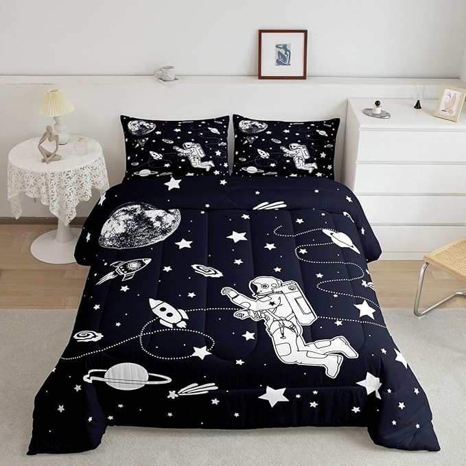 Feelyou Solar System Comforter Set Queen Size Outer Space Comforter for Kids Teens Adults Universe Planets Bedding Set Cute Astronaut Blue White Duvet Set Room Decor 3Pcs with 2 Pillow Case