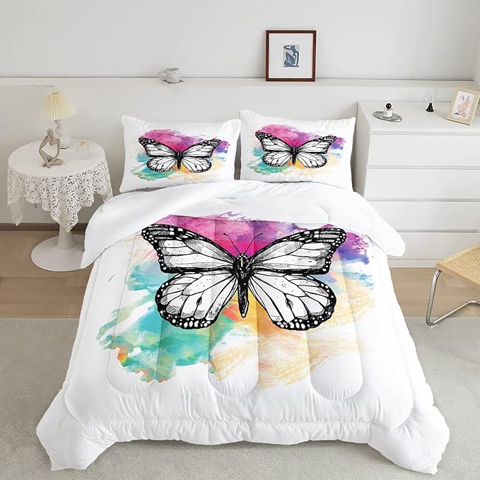 CVHOUSE Butterfly Bedding Set,Butterfly Comforter Twin,Butterfly Comforter Set for Girls Kids Teens,Butterflies Quilt Set with 1 Comforter and 2 Pillow Cases- 3 Piece