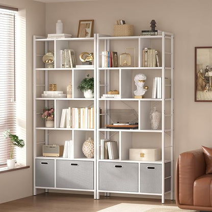 armocity 74 Inch Tall Bookshelf, 6 Tier Bookcase with Drawers, Modern Book Shelf Display Standing Shelf Units with Storage, Wood and Metal Bookshelves for Living Room, Bedroom, Home Office, White