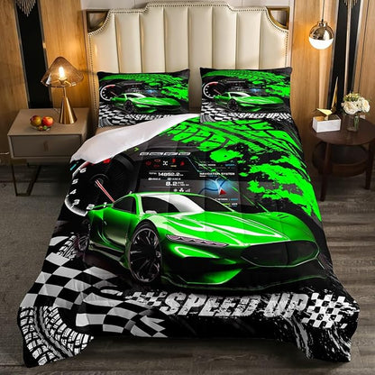 Feelyou Kids Boys Girls Race car Comforter King Size, Green Race Car Buffalo Plaid Comforter Set for Teens Toddler Sports Car Bedding Set Racing Car Duvet Set Room Decor Quilt Set Bedding Collection