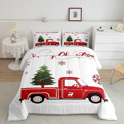 Christmas Tree Comforter Set Queen Size Red Truck Bedding Set Boys Girls Red Xmas Gift Snowflakes Comforter for Teens Bedroom Decor Elk Deer Christmas Decorations Bedding Duvet Set