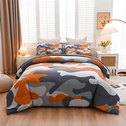 Meeting Story Kids Camo Bedding Set, Army Camouflage Bedding Twin Comforter Set for Boys Girls Teens Bedroom Decoration (Orange, Twin 5Pcs)