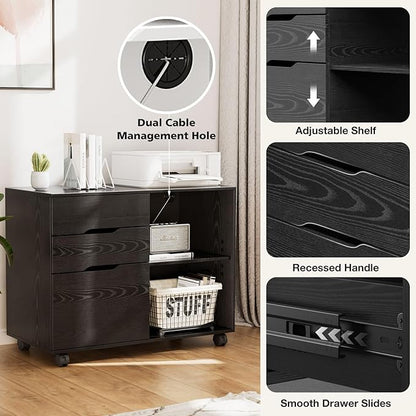 OLIXIS 3 Drawer File Cabinet Lateral Printer Stand with Adjustable Storage Shelves for Home Office Small Space, Black