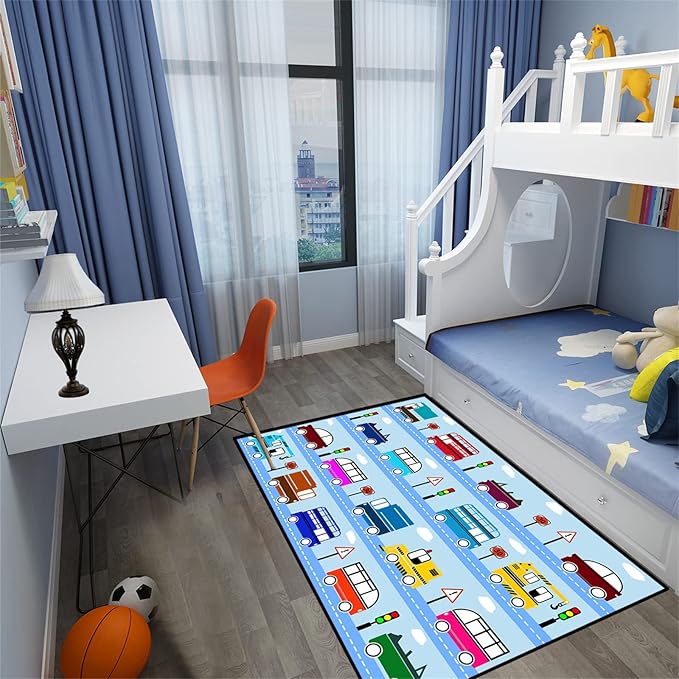 Car Rug Car Play Mat Kids Rugs for Playroom Car Rug Play Mat Rugs for Boys Bedroom Car Carpet for Kids Play Rug for Cars and Trucks Car Rug for Boys Room,Light Blue 4'5''×6'