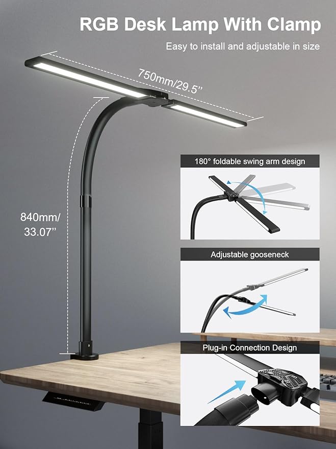 RGB Double Swing Arm Desk Lamp - 24W Ultra Bright Auto Dimming Desk Light, Multi-Angle Adjustment, Touch Control Desktop Lamp- Ideal for Home Office, Gaming, Reading, Work