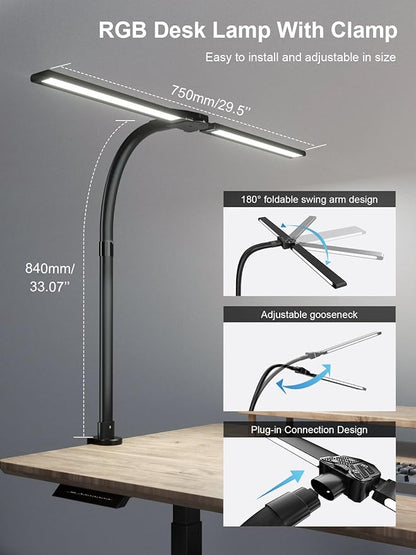 RGB Double Swing Arm Desk Lamp - 24W Ultra Bright Auto Dimming Desk Light, Multi-Angle Adjustment, Touch Control Desktop Lamp- Ideal for Home Office, Gaming, Reading, Work