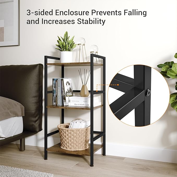 ELYKEN Small Bookshelf, 3-Tier Bookcase with Metal Frame, Vintage Display Book Shelf, Freestanding Open Organizer Shelves for Office Study Living Room, Bedroom, Rustic Brown