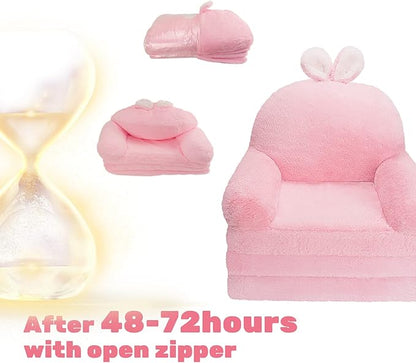 Kids Couch Fold Out Soft Toddler Chairs,Toddler Armrest Chair Bed for Play,Gift for 0-3 Years,Pink Bunny