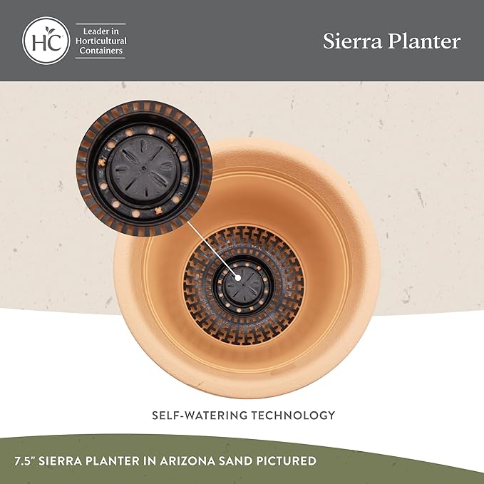 The HC Companies Sierra Round Self-Watering Pot - Lightweight Plastic Planter for Herbs & More - Durable Plant Pots for Indoor Plants & Outdoor Plants (7.5” Arizona Sand, Pack of 2)