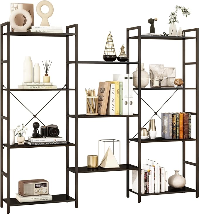 Panana Triple 4 tier bookshelf, Industrial Bookcase with 11 Open Display Shelves Wide Book Shelf Book Case with Metal Frame for Living Room Home Office (Black)