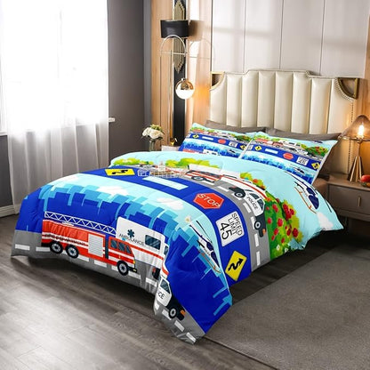 Kids Fire Trucks Car Comforter Set King Size Cartoon Police Car Down Comforter Airplane Ambulance Rescue Vehicles Beding Set Boys Girls Car Room Decor Soft Lightweight Duvet Set, Colorful Comforter
