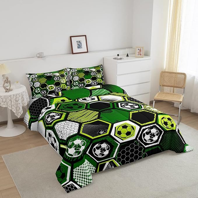 Erosebridal Boys Football Comforter Set Full Soccer Sports Bedding Set Twin for Kids Teen,Geometric Honeycomb Down Comforter Hexagon Beehive Quilt Duvet Duvet Insert Green Black White 2 Pillow Cases