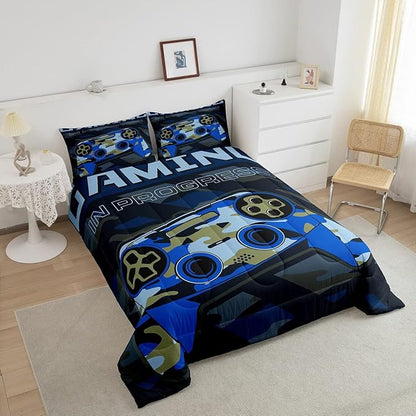 Boys Girls Gamepad Comforter Set Queen Size Teens Gamer Bedding Set Retro Blue Camouflage Video Game Controller Comforter For Kids Youth Bedroom Decor Gamer Console Action Buttons Duvet Set Microfiber