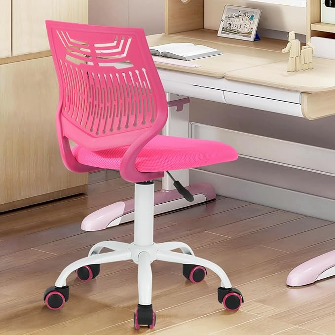 FurnitureR Desk Chair Armless Cute Home Office Desk Chair for Kids, Swivel Computer Task Chair Study Chair with Mesh Padded Cushion and Rolling Wheels for Child, Pink